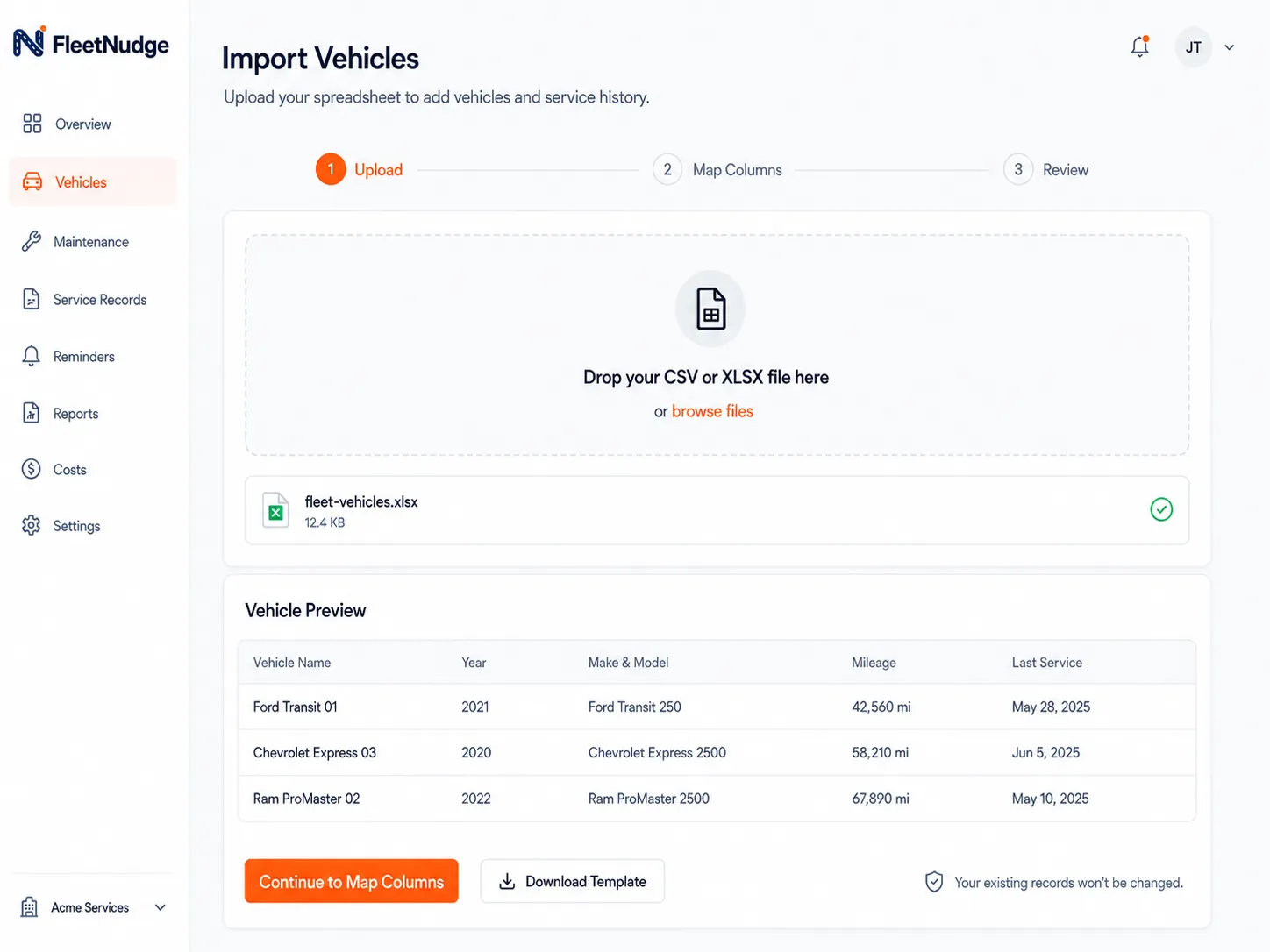 Import vehicles interface